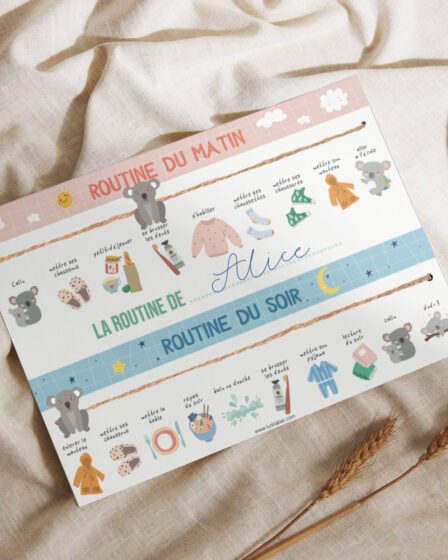 Une feuille A4 imprimée avec les routines du quotidien à faire avec les enfants sous la forme d'un jeu.