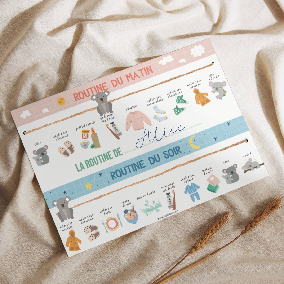 Une feuille A4 imprimée avec les routines du quotidien à faire avec les enfants sous la forme d'un jeu.