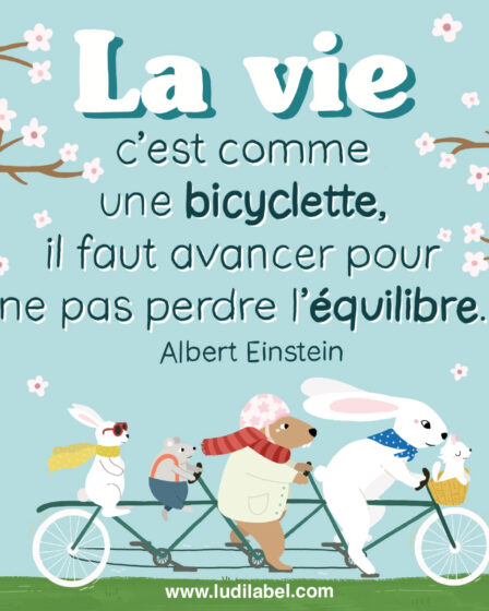 La vie c'est comme une bicyclette, il faut avancer pour ne pas perdre l'équilibre Albert Einstein citation illustrée tandem animaux